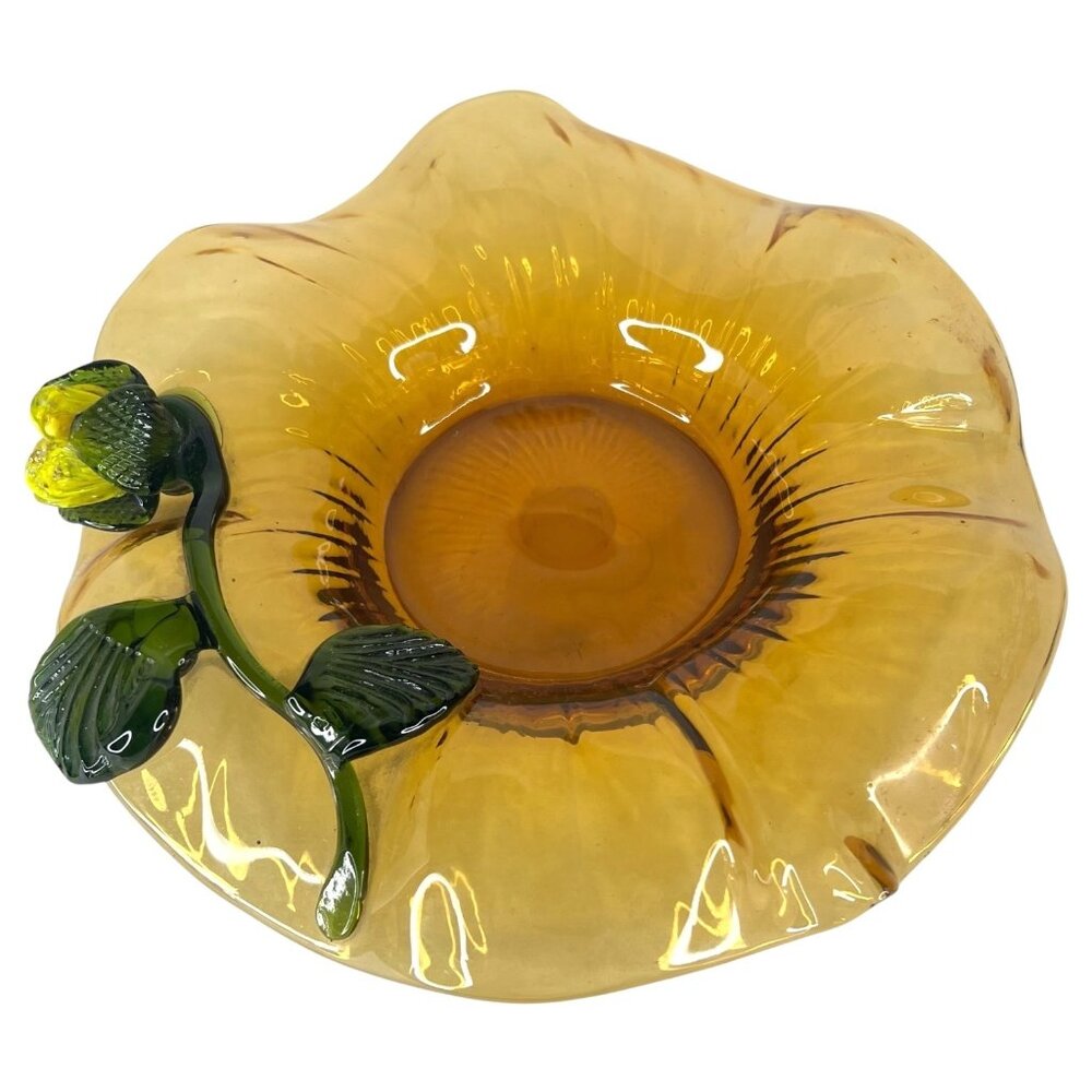 Hand Blown Art Glass Bowl Attached‎ Flower Gold Green 9.5 Inch Ruffled Edge